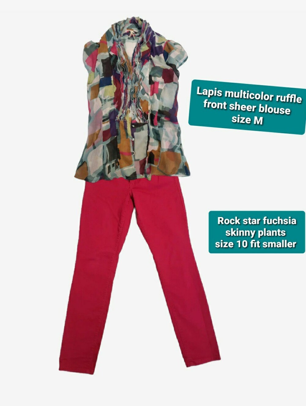 $20 Outfit Multicolor Ruffle Front Sheer Blouse with Fuchsia Skinny Pants